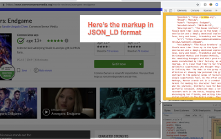 Screen shot of movie review page with developer console open showing schema markup used